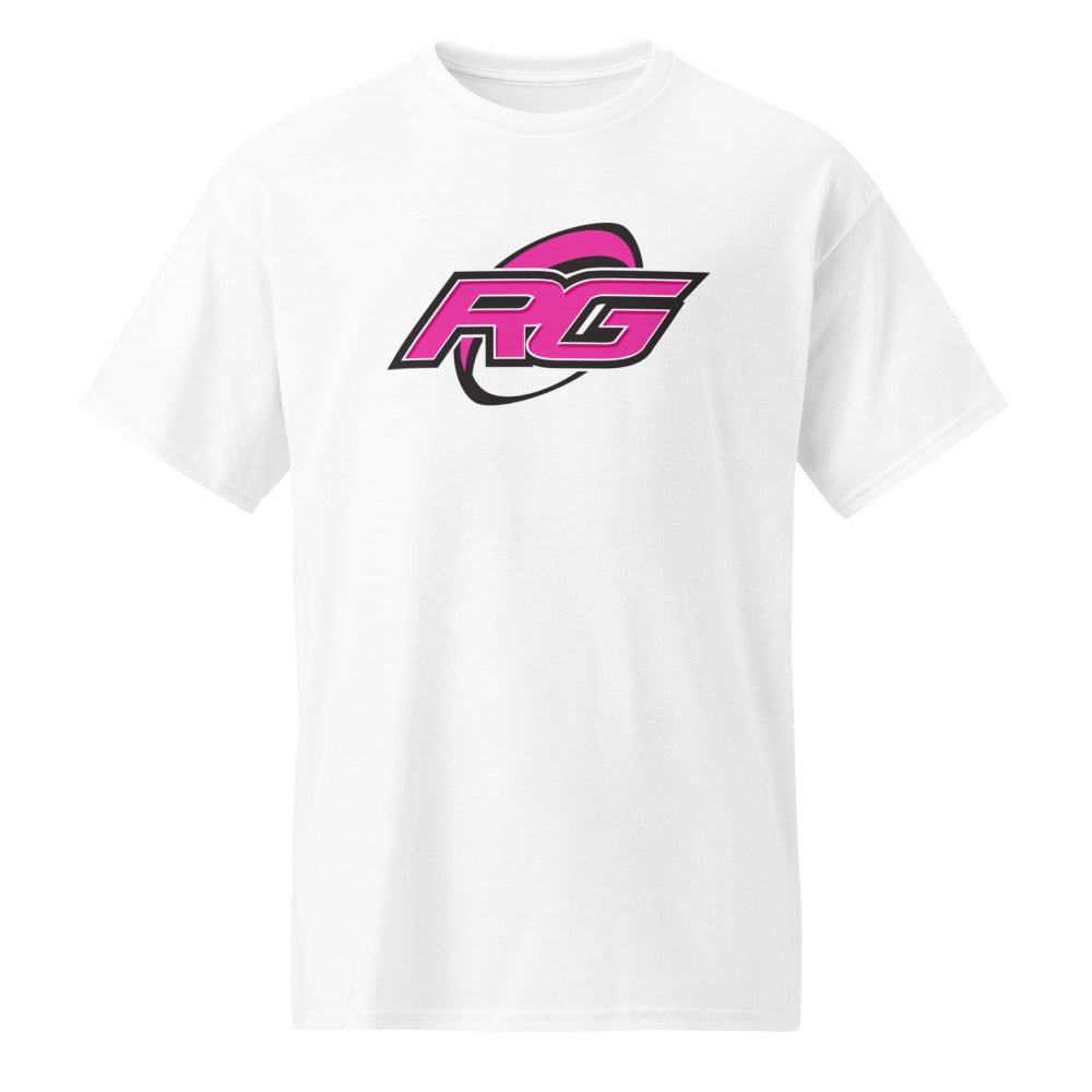 White women's rugby t-shirt with bold pink and black RG logo, perfect rugby gift and apparel. - Rugby Girl