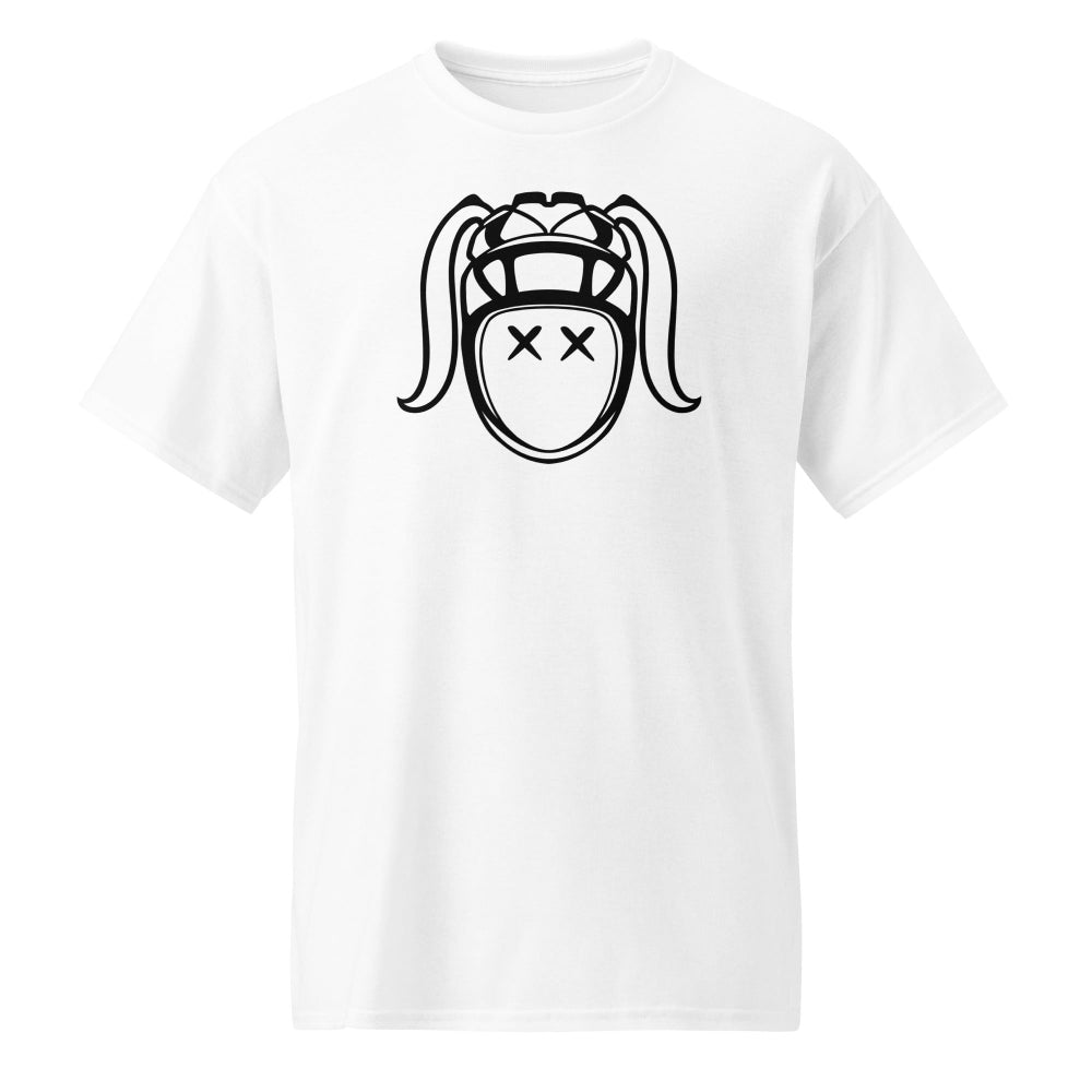 White women's rugby t-shirt with bold black rugby girl harlequin graphic on front. - Rugby Girl