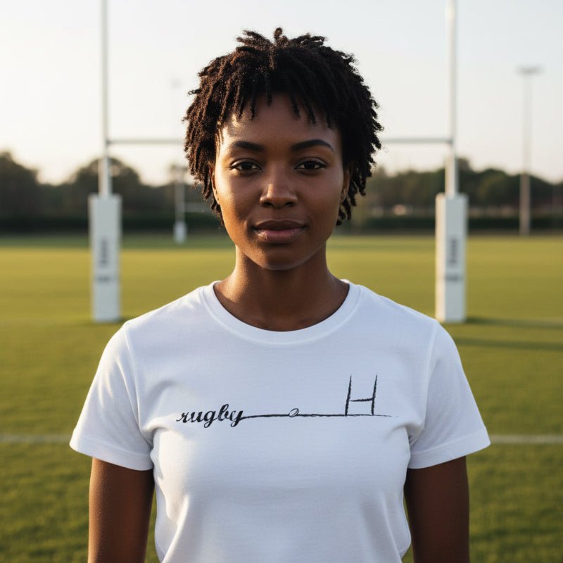White women's rugby t-shirt with minimalist rugby goalpost and script design, casual sportswear for rugby girls and fans. - Rugby Girl