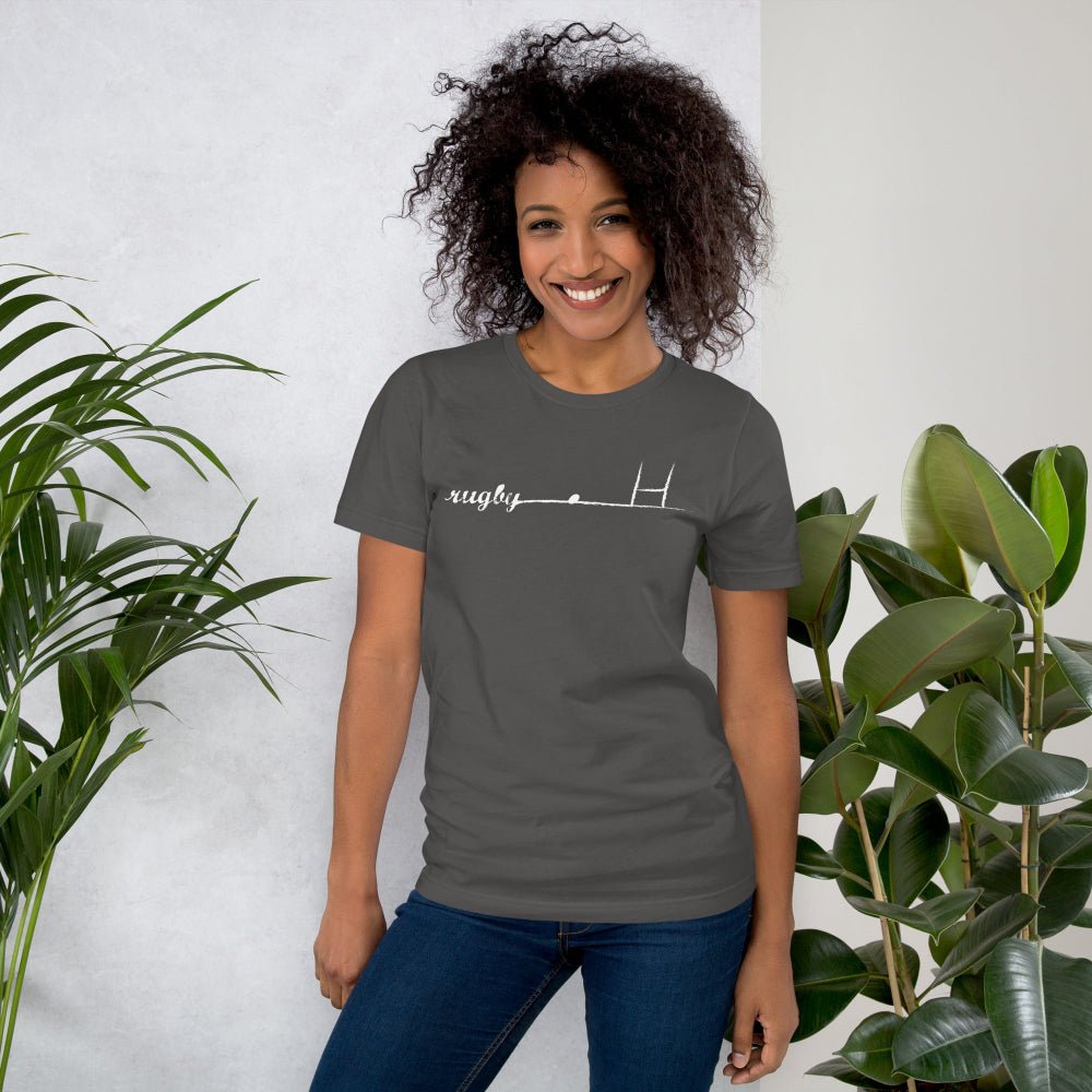 Dark grey women's rugby t-shirt with minimalist goalpost design, casual fit for rugby fans. - Rugby Girl