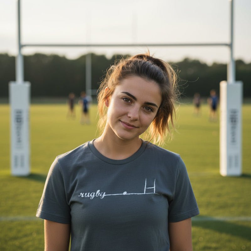 Dark grey women's rugby t-shirt with minimalist rugby goalpost graphic, casual rugby apparel for fans and players. - Rugby Girl