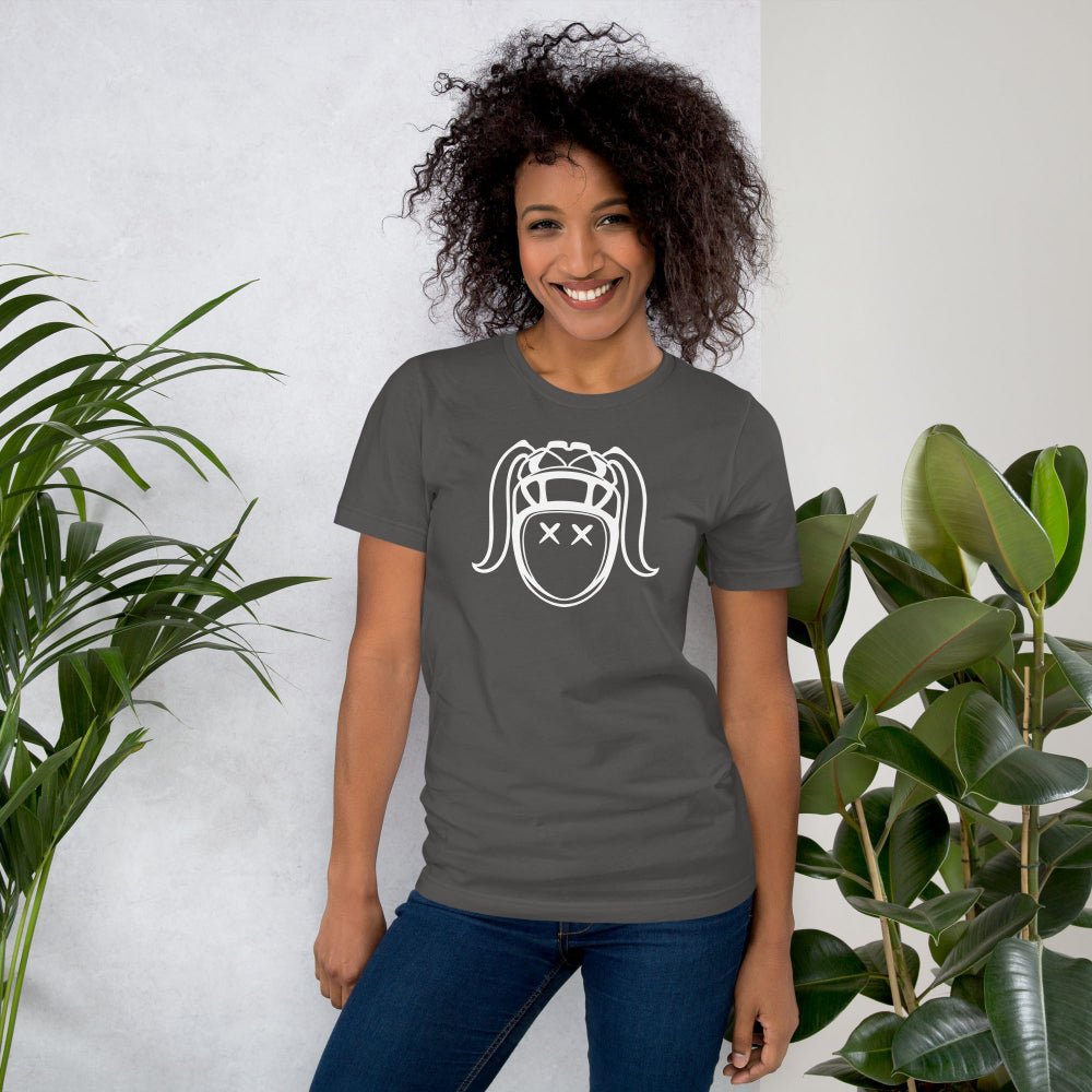 Dark gray women's rugby t-shirt with bold white harlequin graphic, casual fit for rugby girls. - Rugby Girl