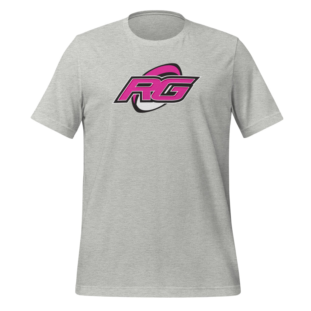 Heather grey women's rugby t-shirt with bold pink RG logo, perfect rugby apparel and gift for rugby girls. - Rugby Girl