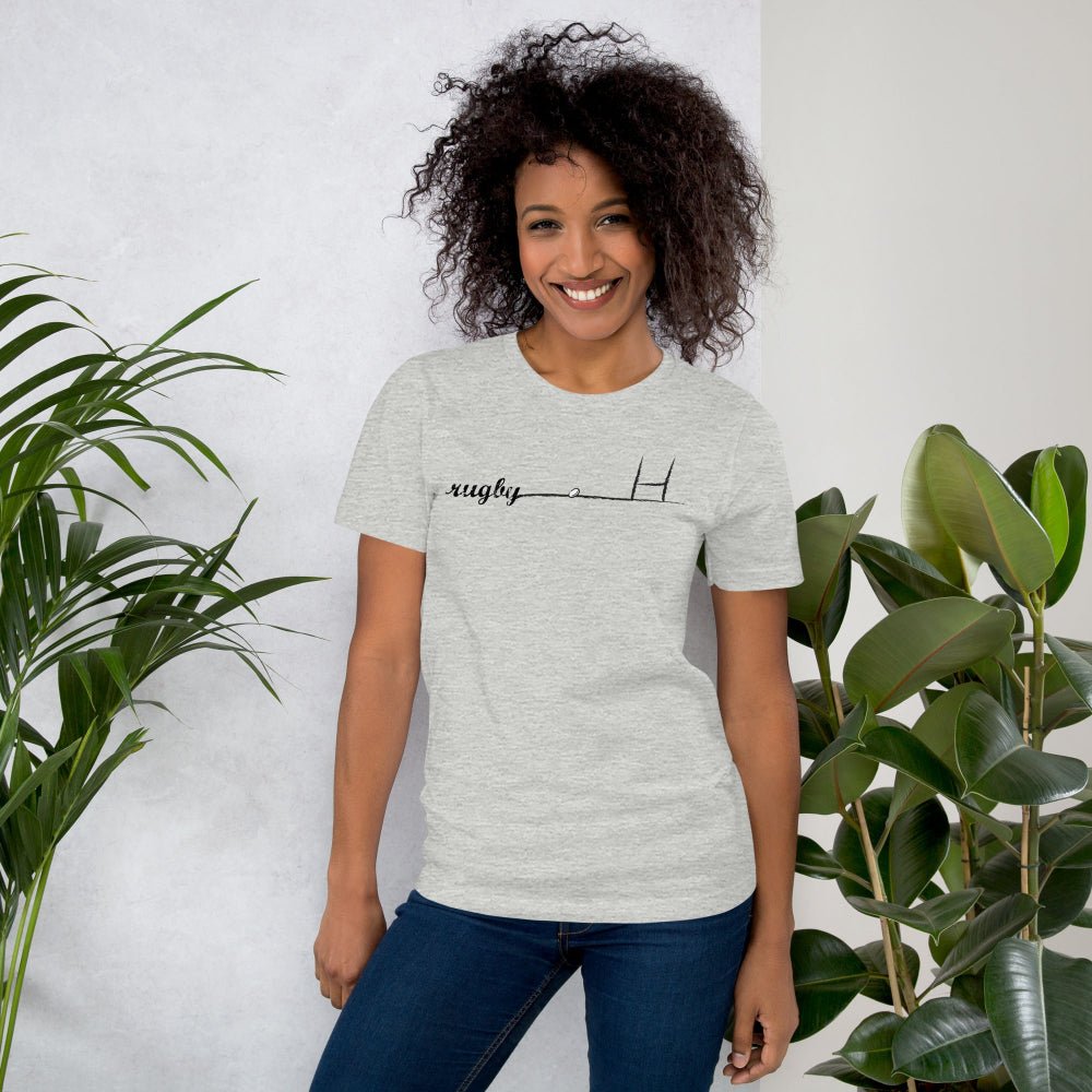 Heather gray women's rugby t-shirt with minimalist rugby goalpost graphic, casual fit. - Rugby Girl