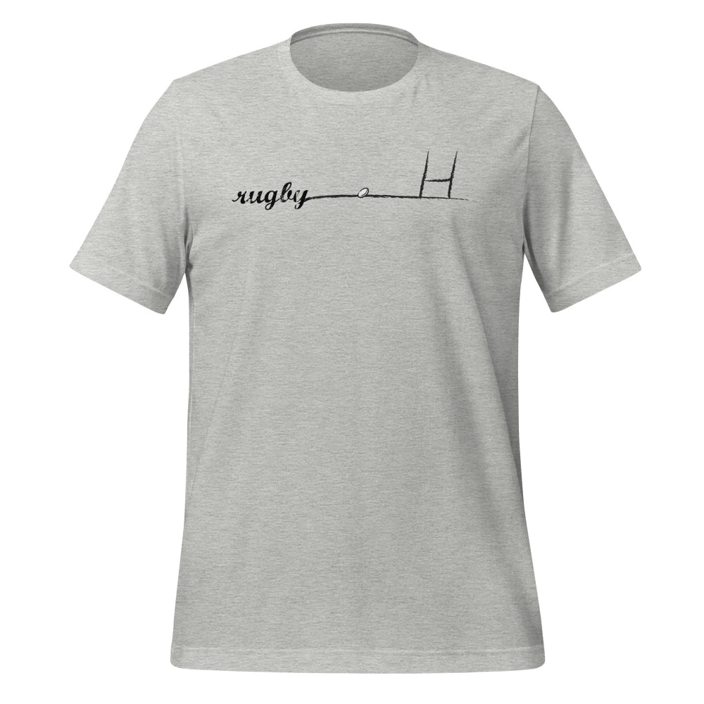 Heather gray women's rugby t-shirt with minimalist rugby goalpost and script design, casual rugby apparel. - Rugby Girl