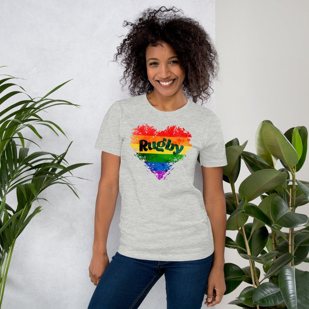Heather grey women's rugby t-shirt with colorful Pride heart design, perfect rugby girl apparel and gift. - Rugby Girl