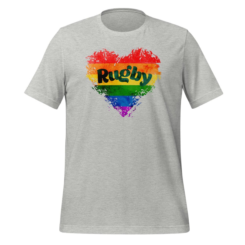 Heather gray women's rugby t-shirt with bold rainbow heart and Rugby text, perfect rugby gift. - Rugby Girl