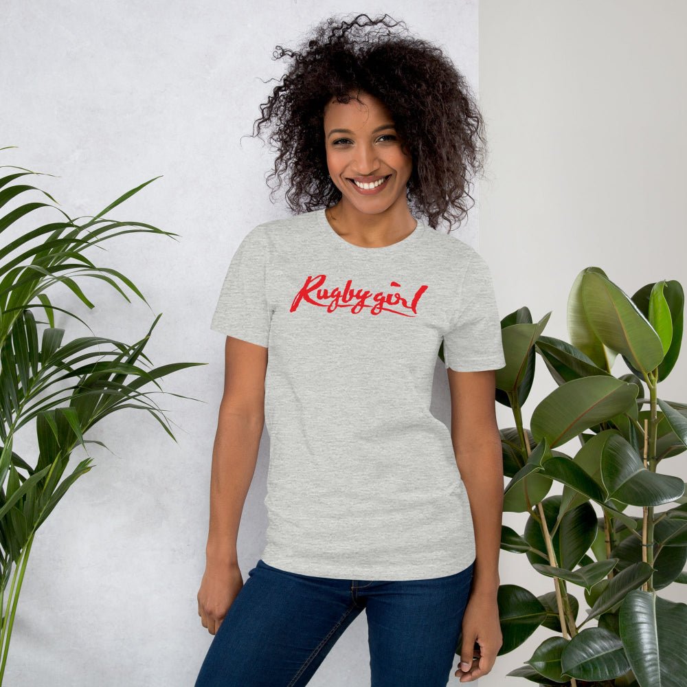 Athletic Heather women's rugby t-shirt with red "Rugby girl" script, casual rugby apparel. - Rugby Girl
