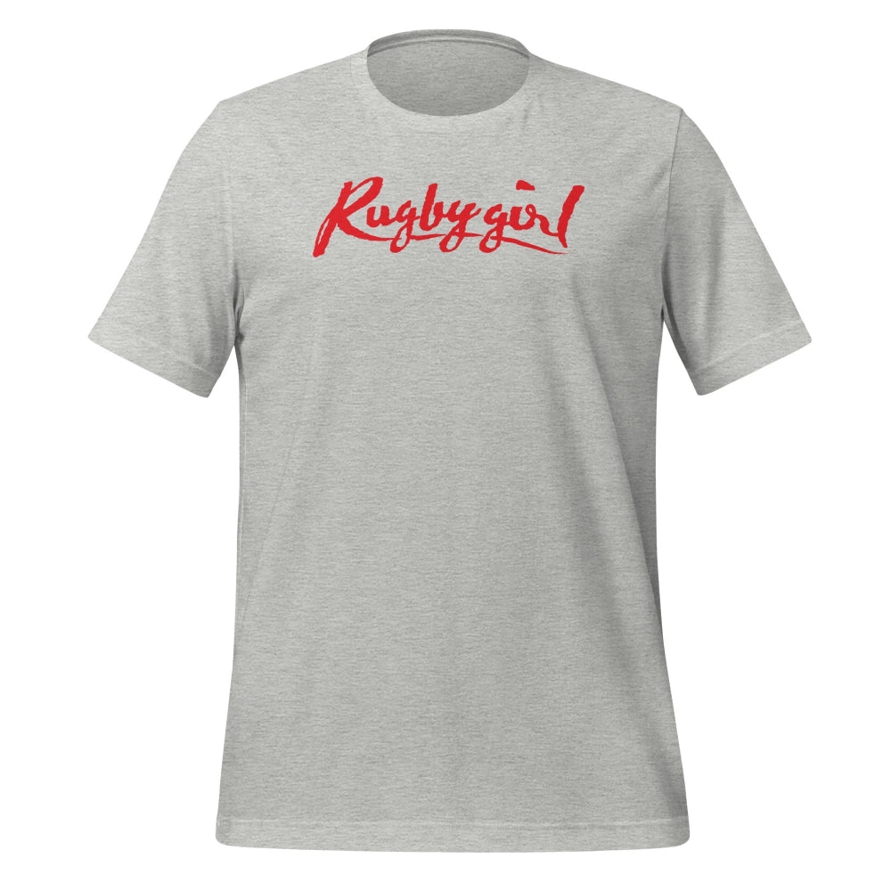Athletic Heather women's rugby t-shirt with bold red "Rugby girl" script, casual rugby apparel. - Rugby Girl