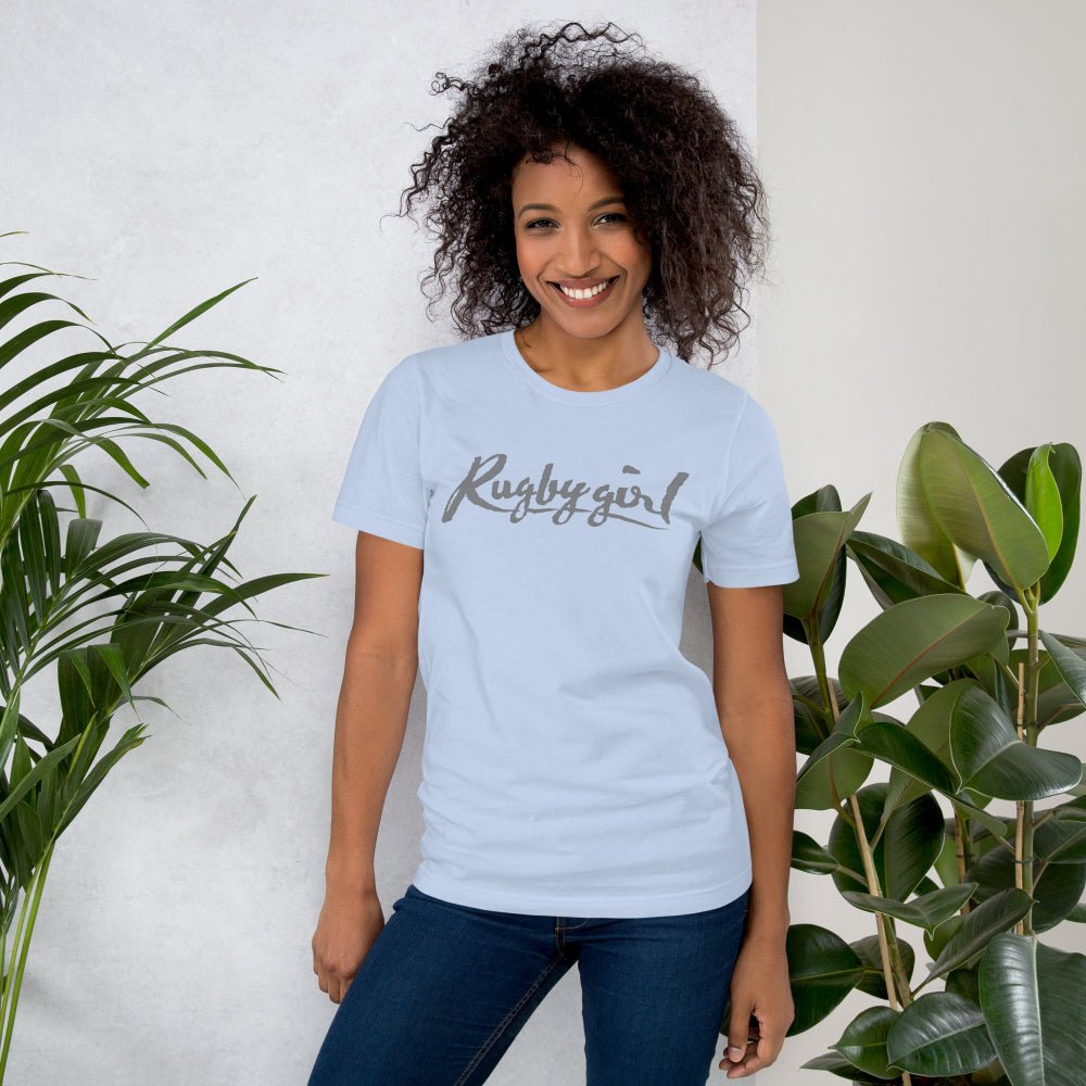Light blue women's rugby t-shirt with "Rugby girl" script, casual fit for rugby fans. - Rugby Girl