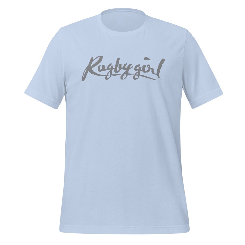 Light blue women's rugby t-shirt with bold "Rugby girl" script, casual athletic style. - Rugby Girl