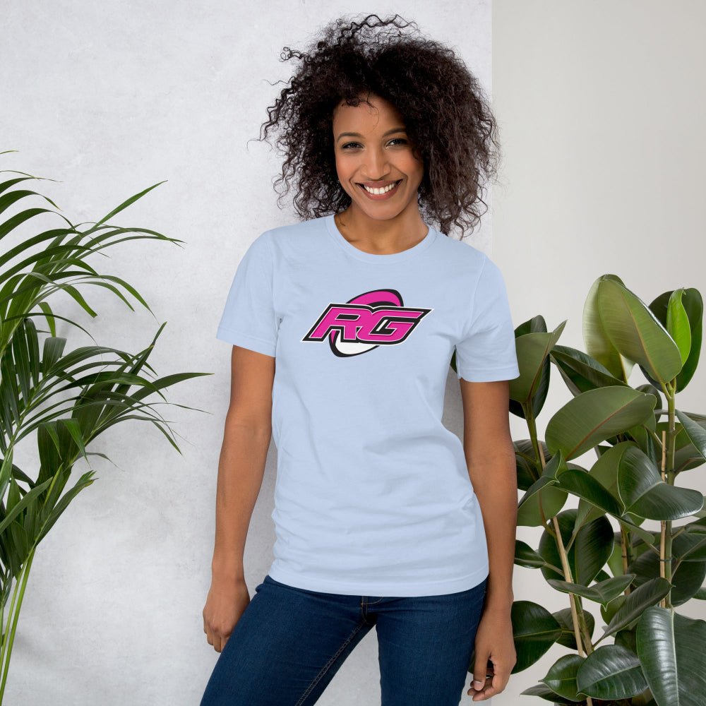Light blue women's rugby t-shirt with bold RG logo in pink and black, casual fit for rugby girls. - Rugby Girl
