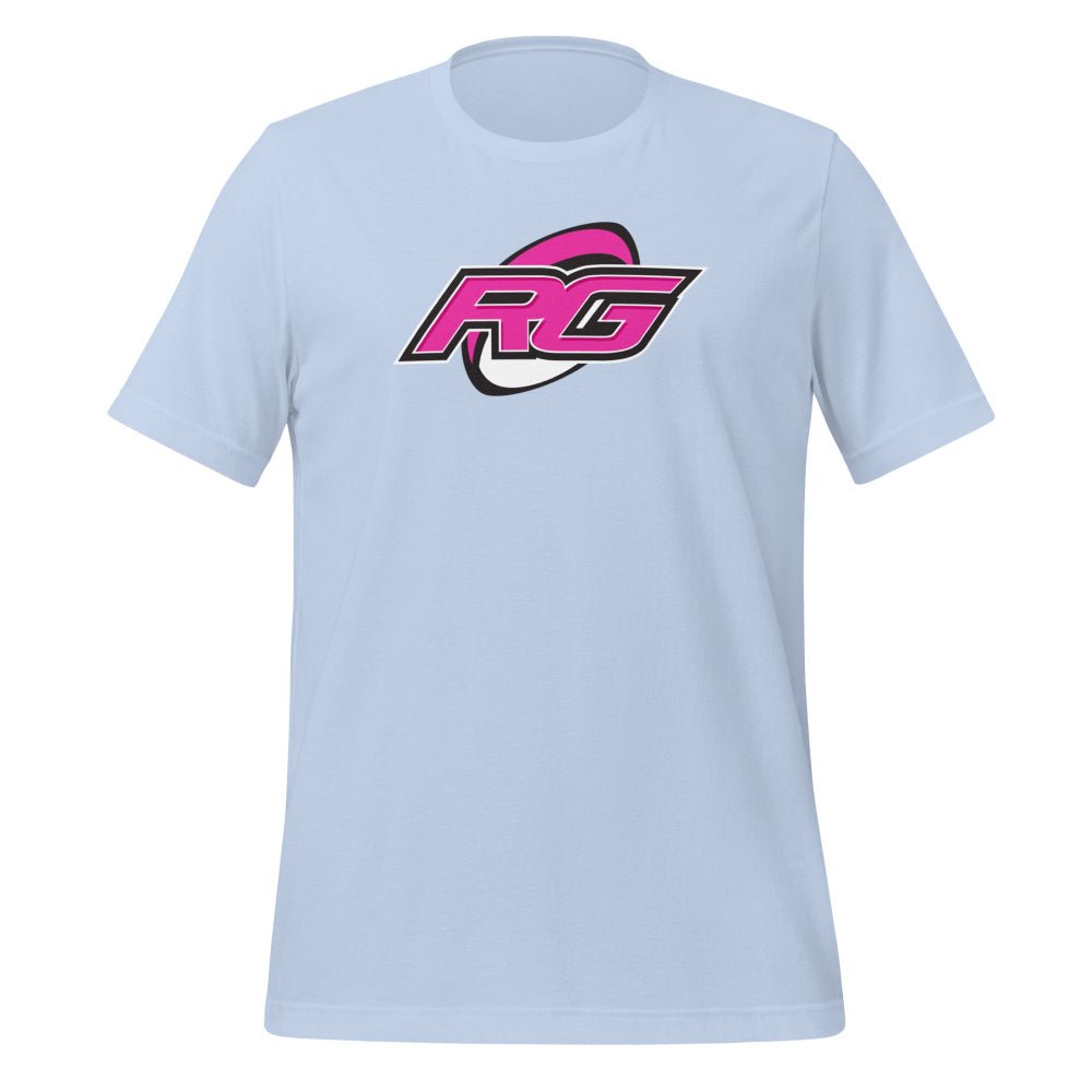 Light blue women's rugby t-shirt with bold pink and black RG logo, casual rugby apparel. - Rugby Girl