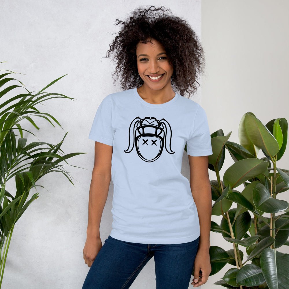Light blue women's rugby t-shirt with bold black harlequin graphic, casual fit. - Rugby Girl