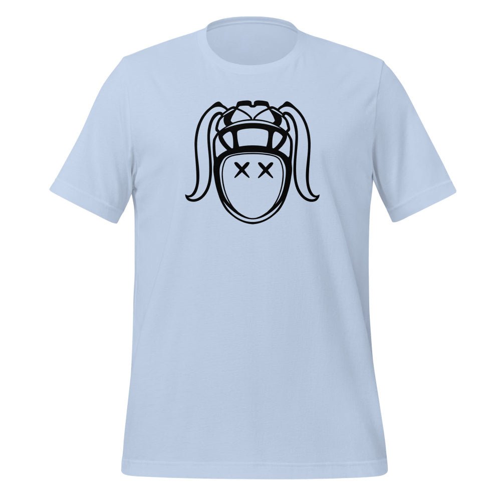 Light blue women's rugby t-shirt with bold black rugby girl harlequin graphic. - Rugby Girl
