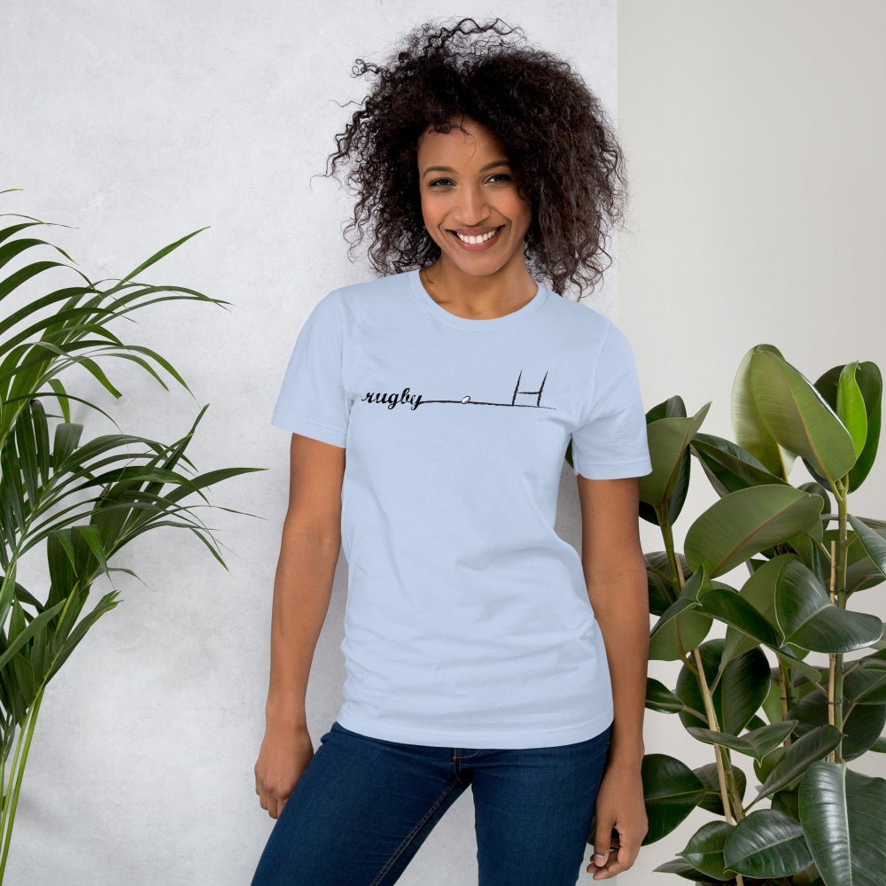 Light blue women's rugby t-shirt with a bold rugby goalpost and heartbeat graphic, casual fit, rugby gift style. - Rugby Girl