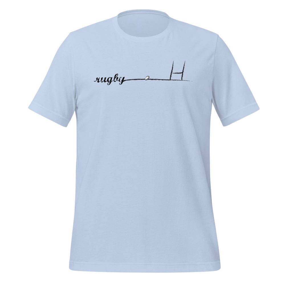 Light blue women's rugby t-shirt with minimalist rugby goalpost and "rugby" script design, casual rugby apparel. - Rugby Girl