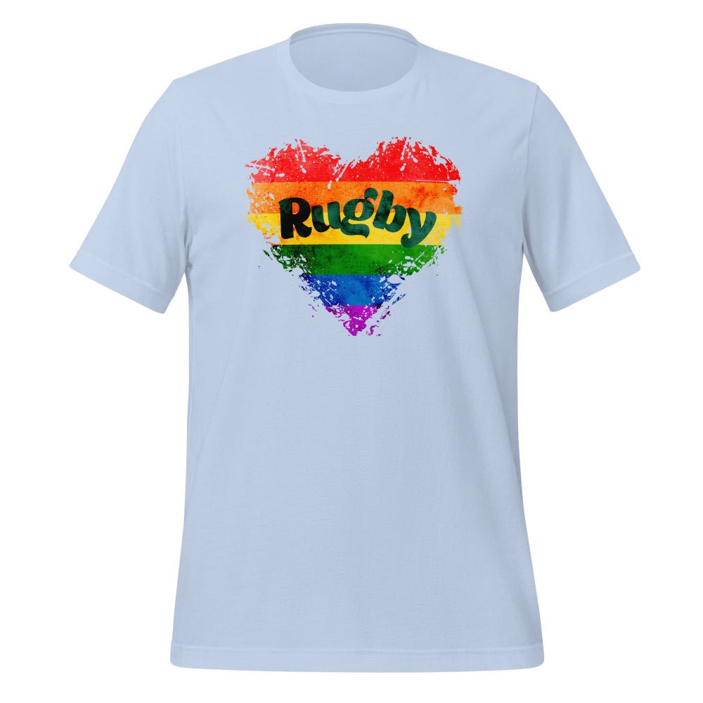 Light blue women's rugby t-shirt with rainbow heart and bold Rugby text, perfect rugby gift. - Rugby Girl