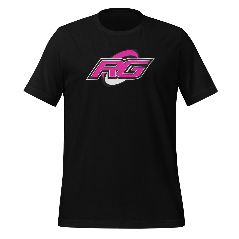 Black women's rugby t-shirt with bold pink and white RG logo, perfect rugby gift. - Rugby Girl