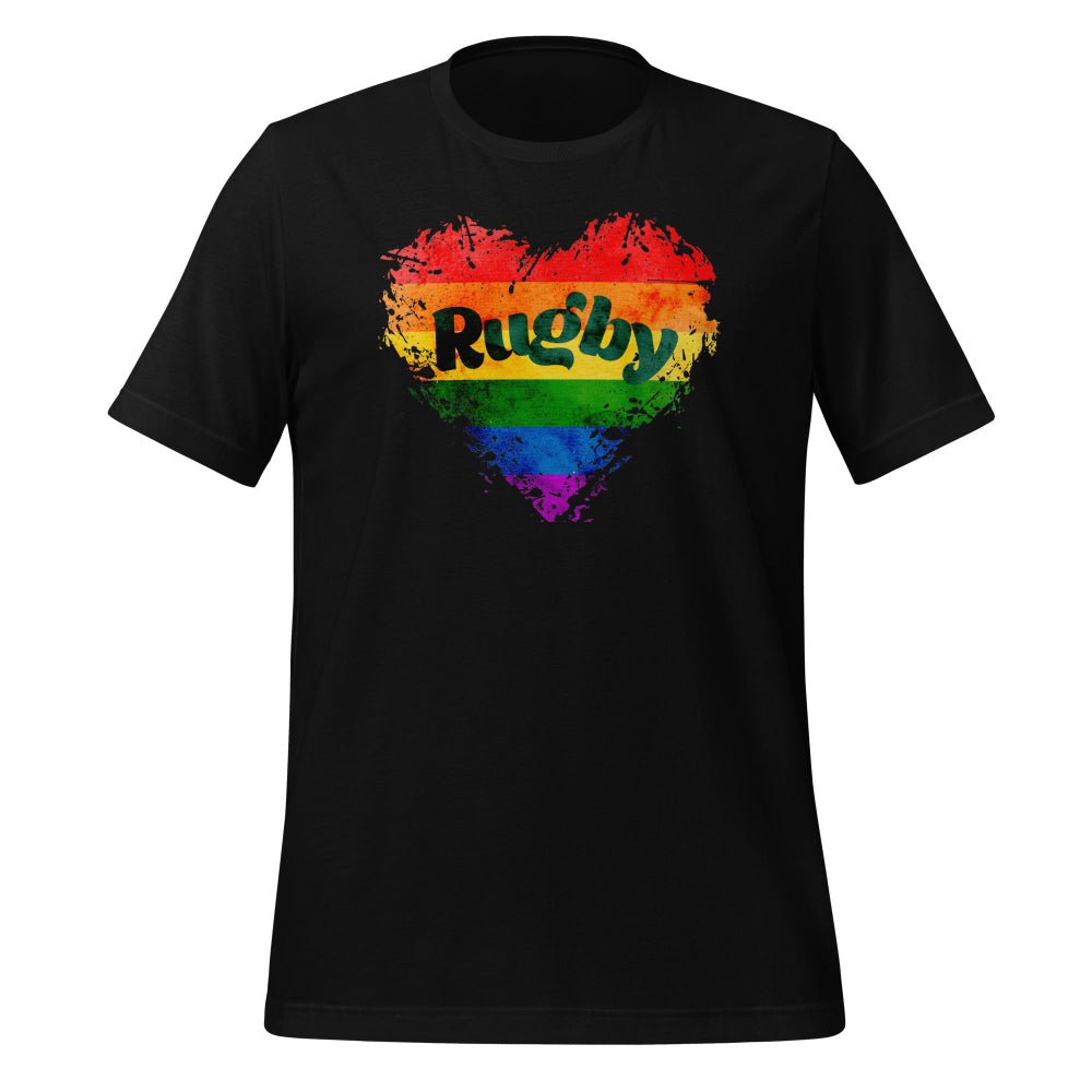 Black women's rugby t-shirt with a rainbow heart and "Rugby" text, bold pride design. - Rugby Girl