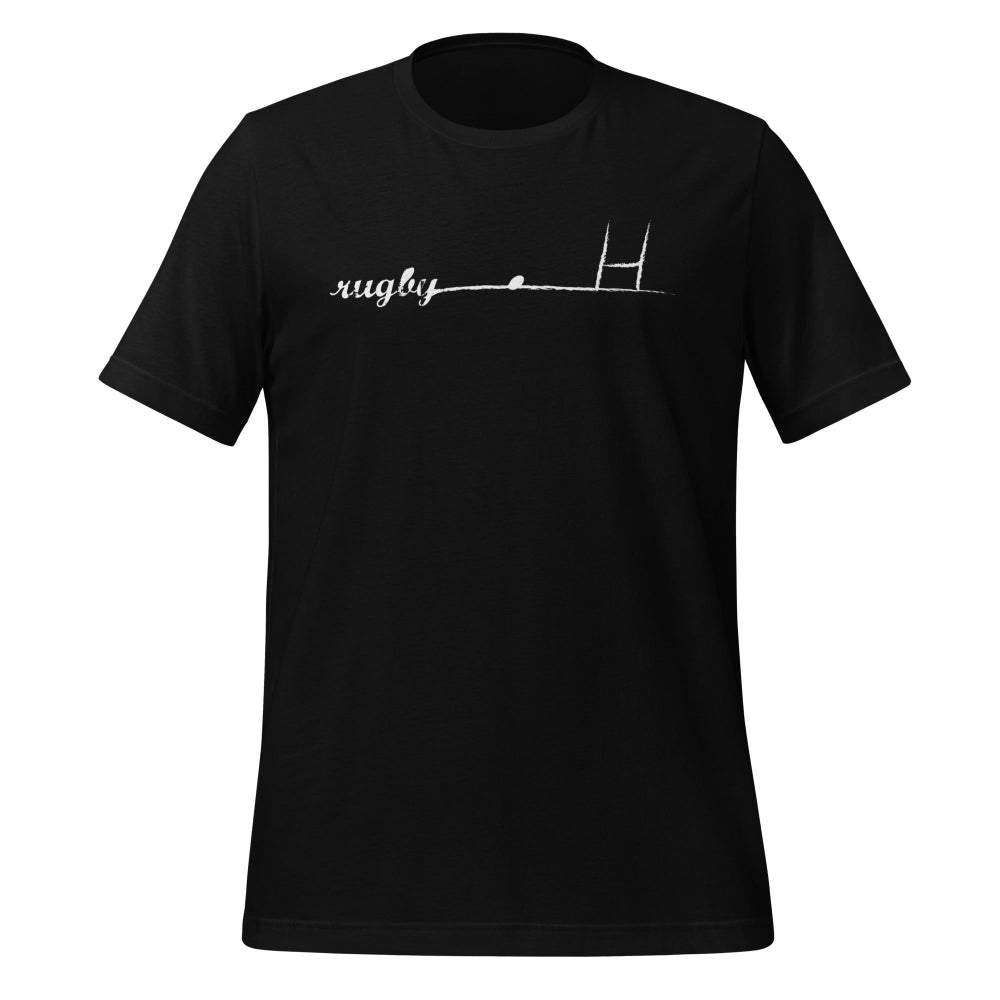 Black women's rugby t shirt with minimalist goalpost graphic and rugby girl text design. - Rugby Girl