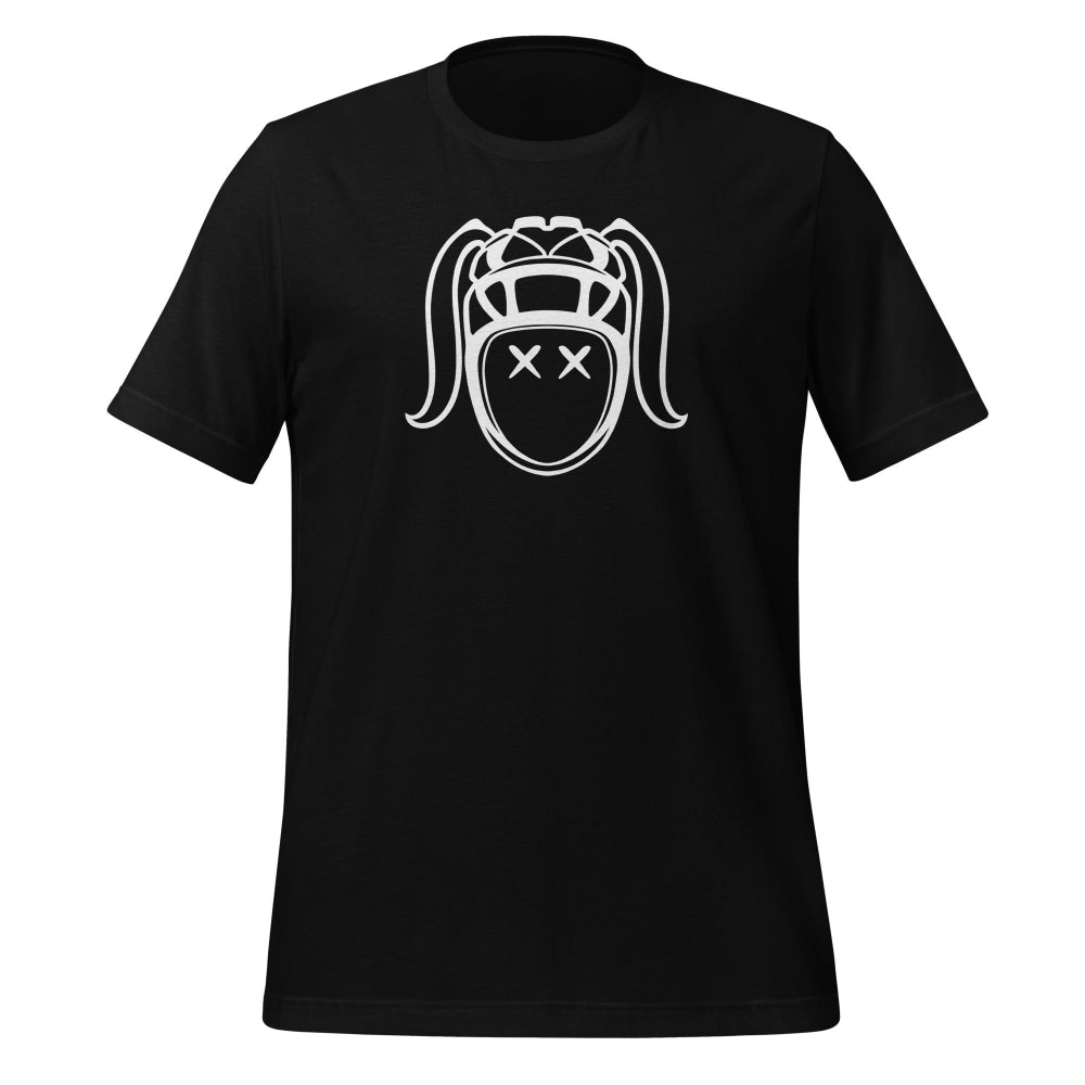 Black women's rugby t-shirt with bold white Harlequin face graphic, perfect rugby gift. - Rugby Girl