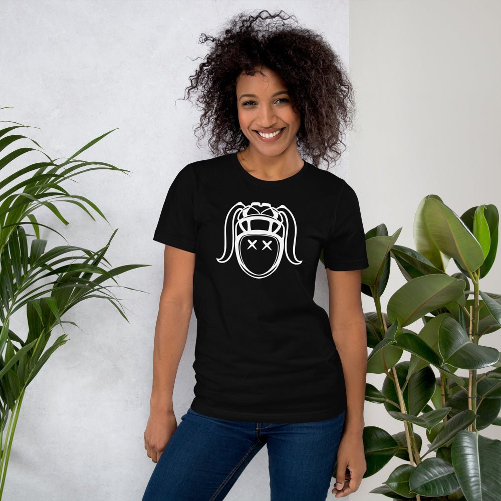 Black women's rugby t-shirt with bold white harlequin rugby girl graphic, casual fit. - Rugby Girl