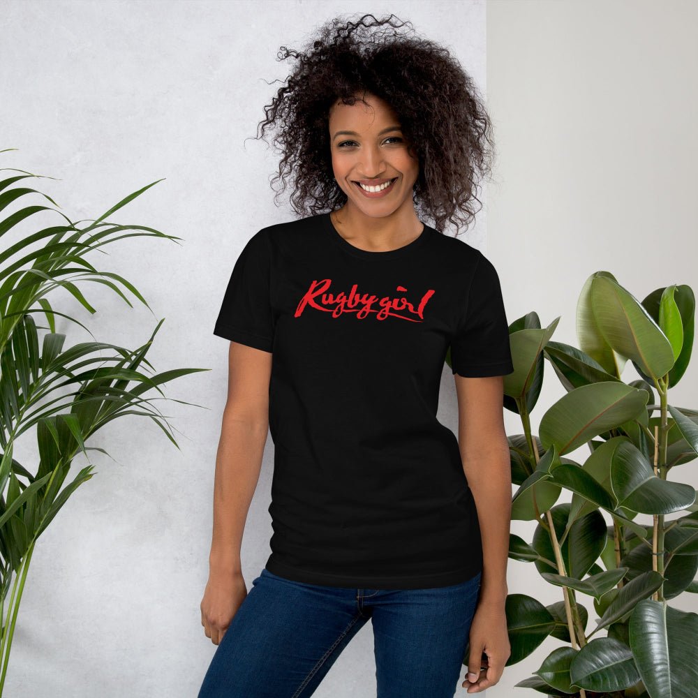 Black women's rugby t-shirt with bold red "Rugby girl" script, casual fit for fans and players. - Rugby Girl
