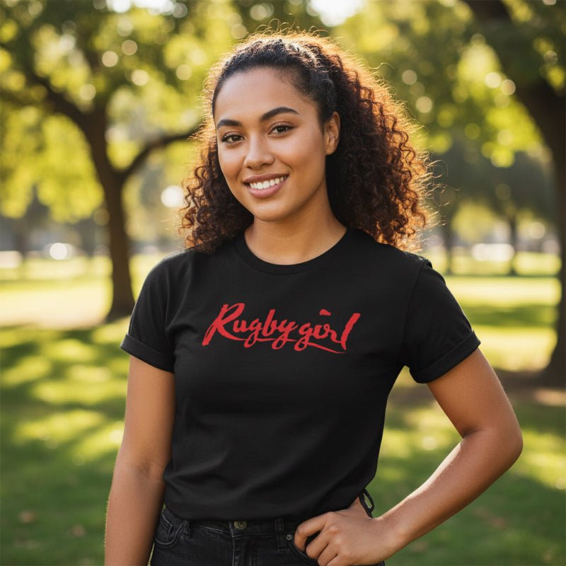 Black women's rugby t-shirt with bold red "Rugby girl" script, casual athletic style. - Rugby Girl