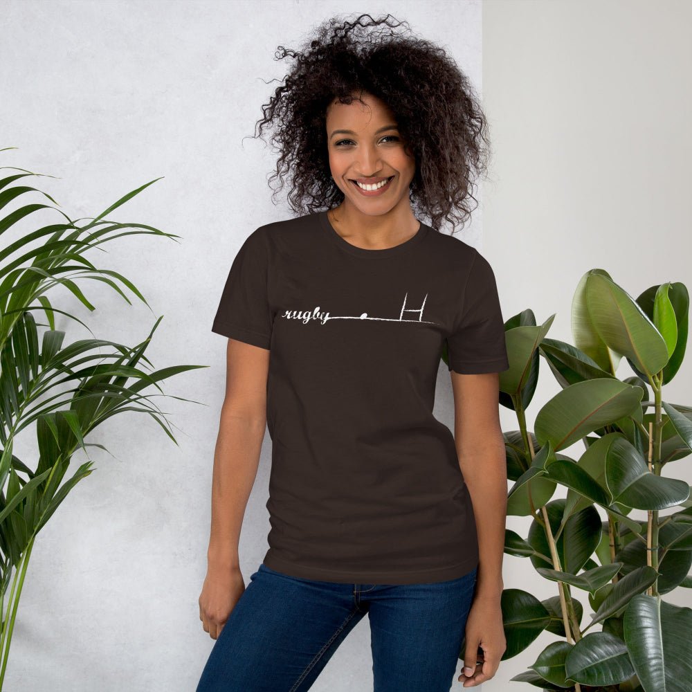 Dark brown women's rugby t-shirt with minimalist rugby goalpost graphic, casual fit for rugby girls and fans. - Rugby Girl