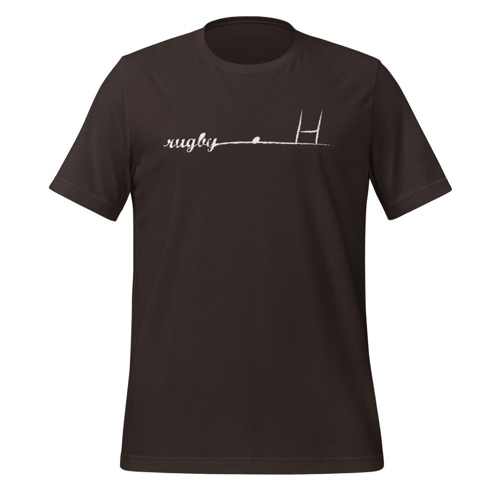 Dark brown women's rugby t-shirt with minimalist rugby goalpost graphic, casual rugby apparel. - Rugby Girl