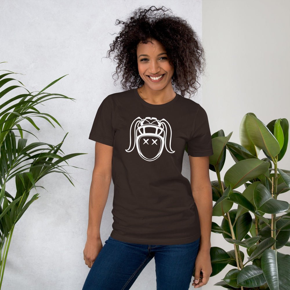 Dark brown women's rugby t-shirt featuring a bold white Harlequin graphic, casual rugby apparel for fans and players. - Rugby Girl
