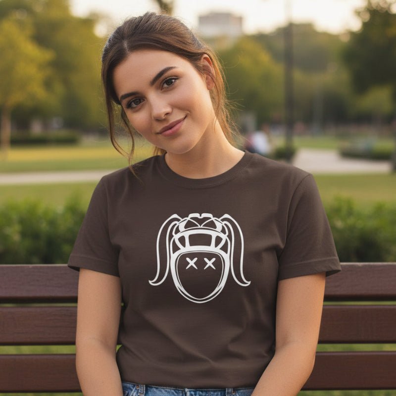 Dark brown women's rugby t-shirt with bold white Harlequin rugby girl logo, casual style. - Rugby Girl
