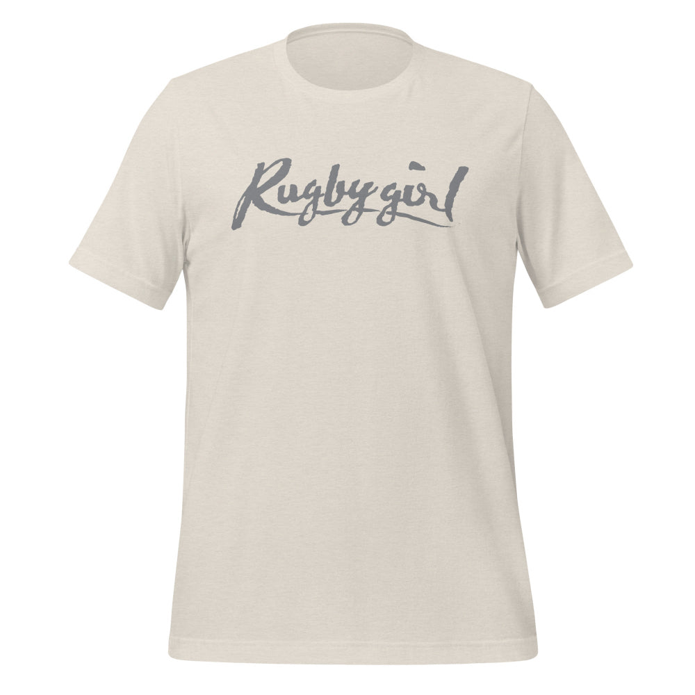 Cream women's rugby t-shirt with dark script "Rugby girl" text, casual rugby apparel style. - Rugby Girl