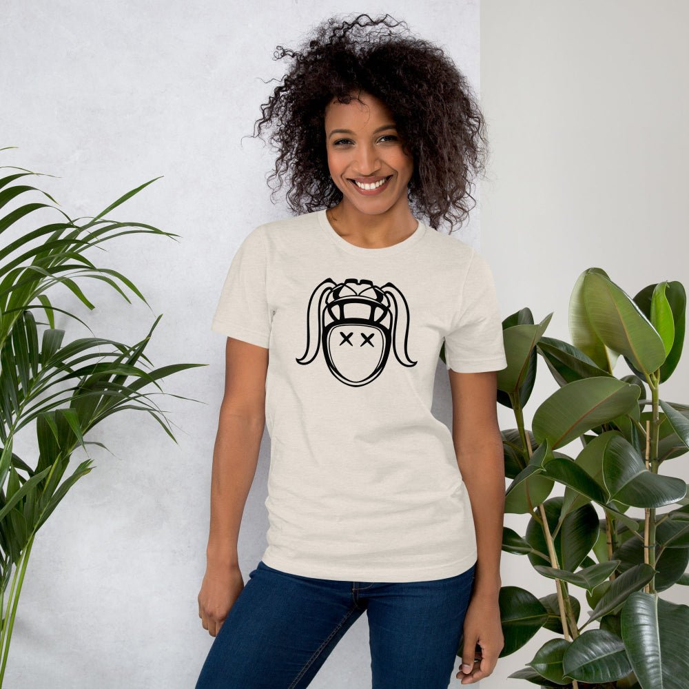 Women's rugby t-shirt in cream with bold black harlequin rugby girl graphic, casual fit. - Rugby Girl