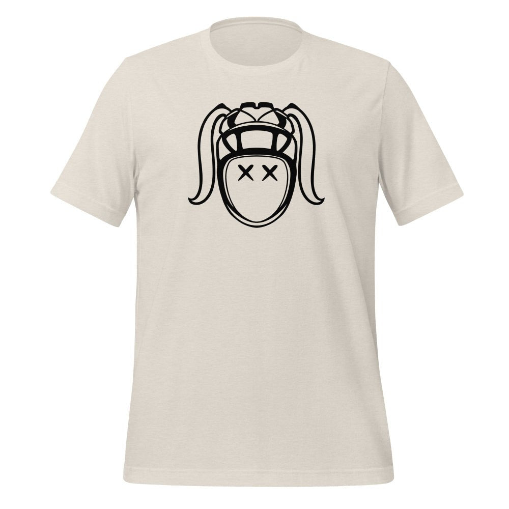 Creme colored women's rugby t-shirt with bold black Harlequin girl face graphic. - Rugby Girl