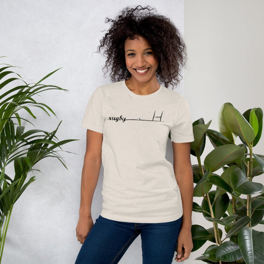 Women's rugby t-shirt with minimalist rugby goalpost graphic, casual fit for rugby girl fans. - Rugby Girl