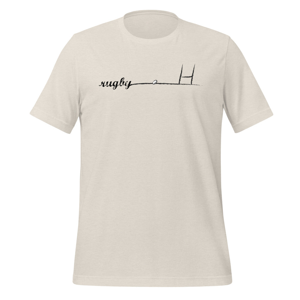 Women's rugby t-shirt in light tan with minimalist rugby goalpost and cursive "rugby" design across chest. - Rugby Girl