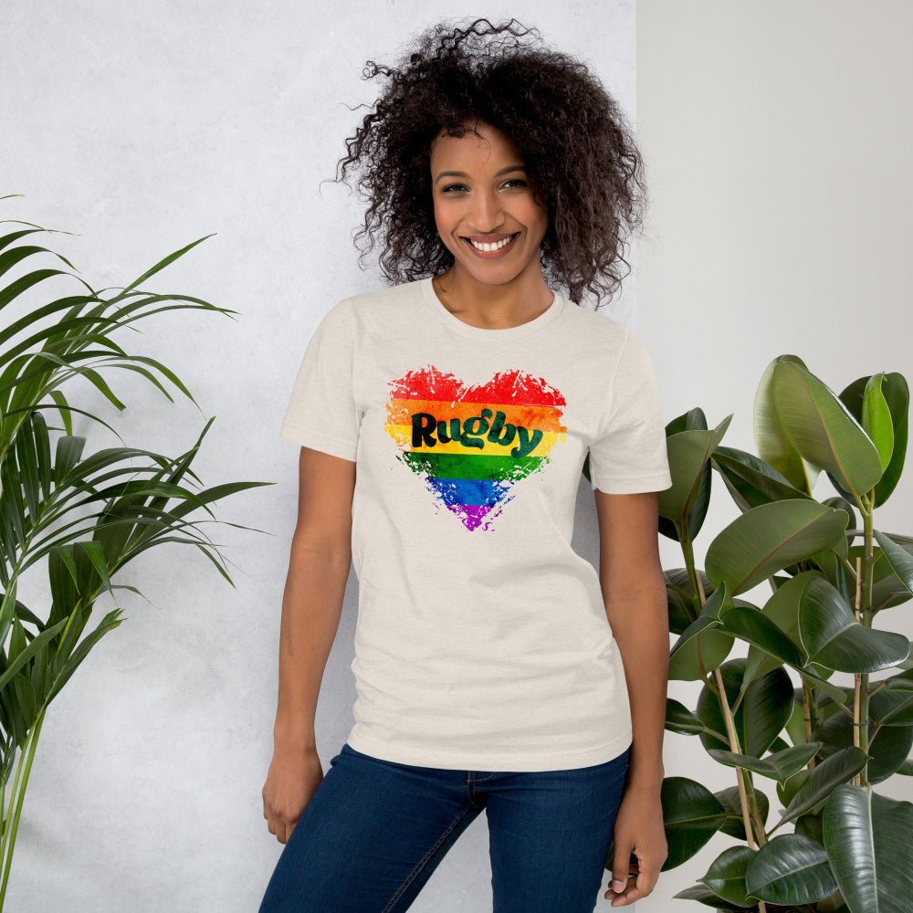 Women's rugby t shirt with rainbow heart and Rugby text, casual rugby apparel. - Rugby Girl