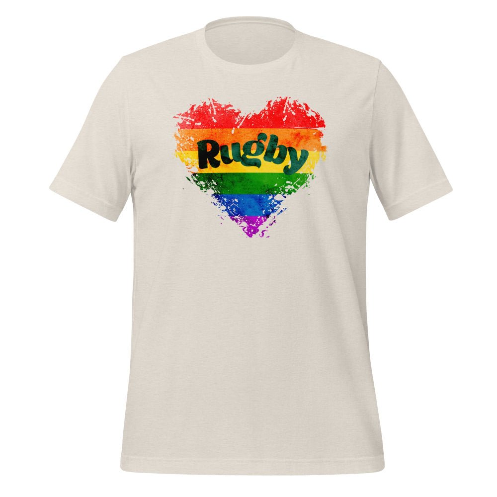 Women's rugby t-shirt with rainbow heart and bold "Rugby" text for rugby girl pride and rugby gift. - Rugby Girl