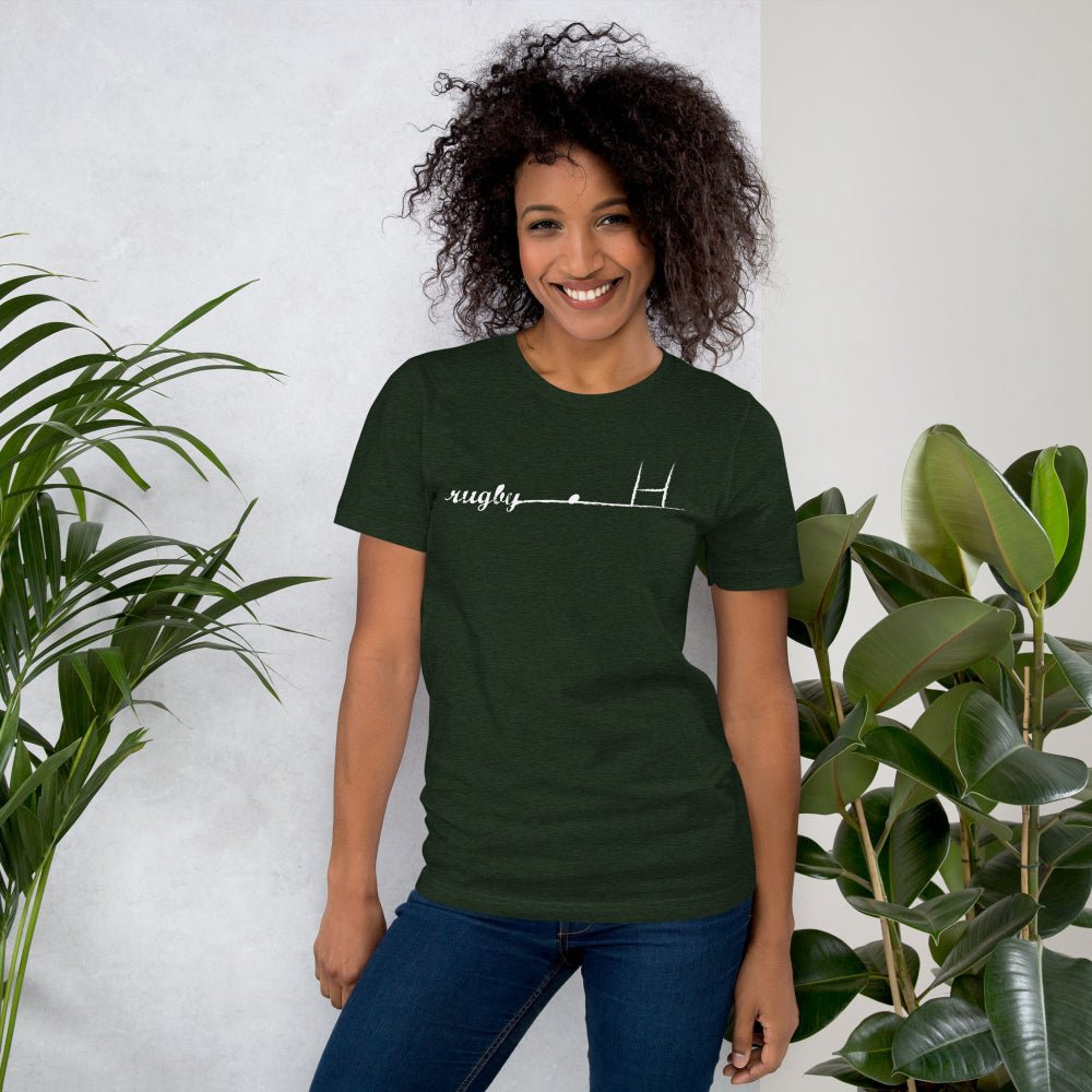 Dark green women's rugby t-shirt with minimalist white goalpost graphic for rugby girls and fans. - Rugby Girl