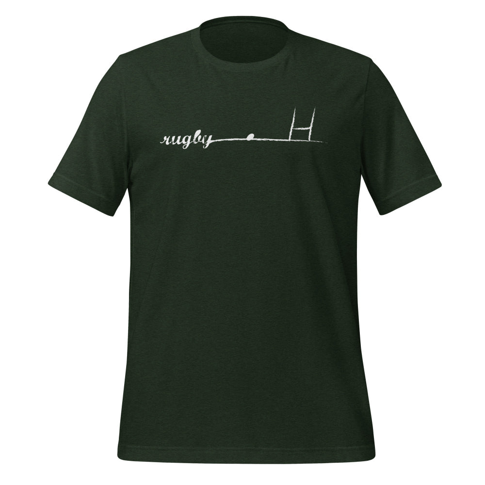 Dark green women's rugby t-shirt with white minimalist rugby goalpost and script design, casual rugby apparel. - Rugby Girl