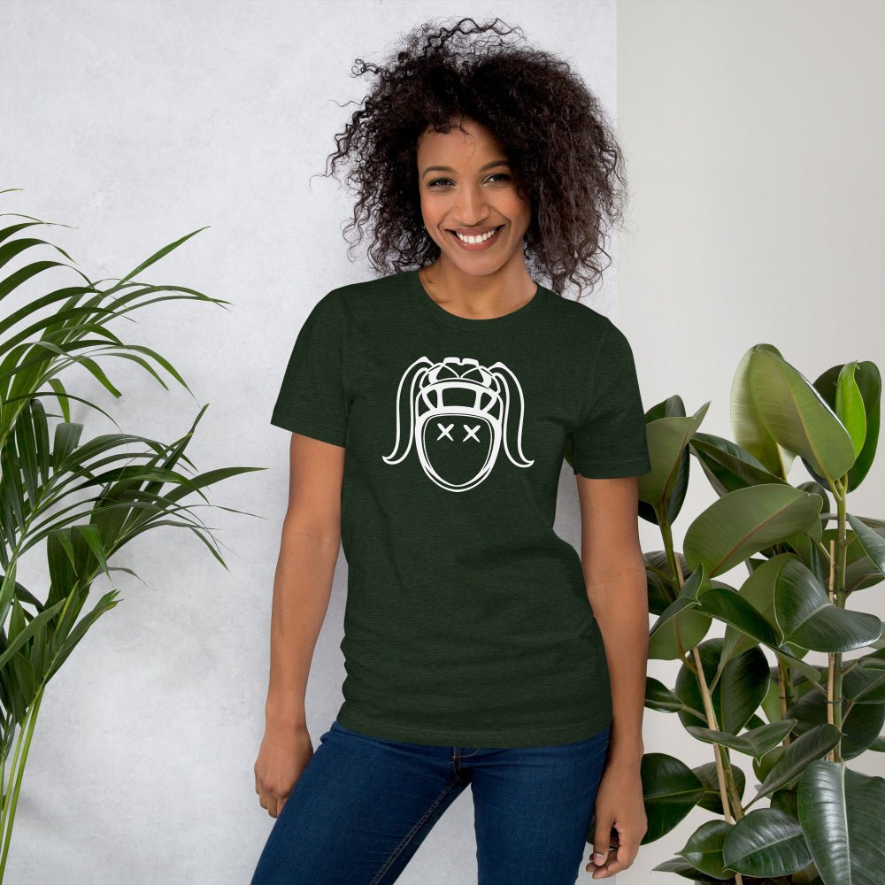 Dark green women's rugby t-shirt with white playful rugby girl graphic, casual fit. - Rugby Girl