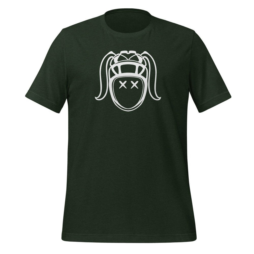 Dark green women's rugby t-shirt with bold white harlequin girl graphic, casual rugby apparel. - Rugby Girl