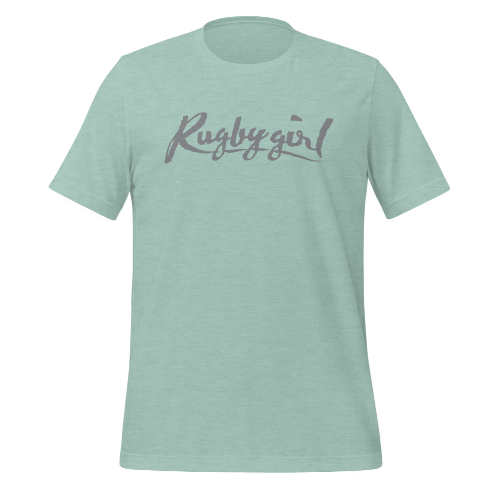 Heather green women's rugby t-shirt with "Rugby girl" script for rugby players and fans. - Rugby Girl
