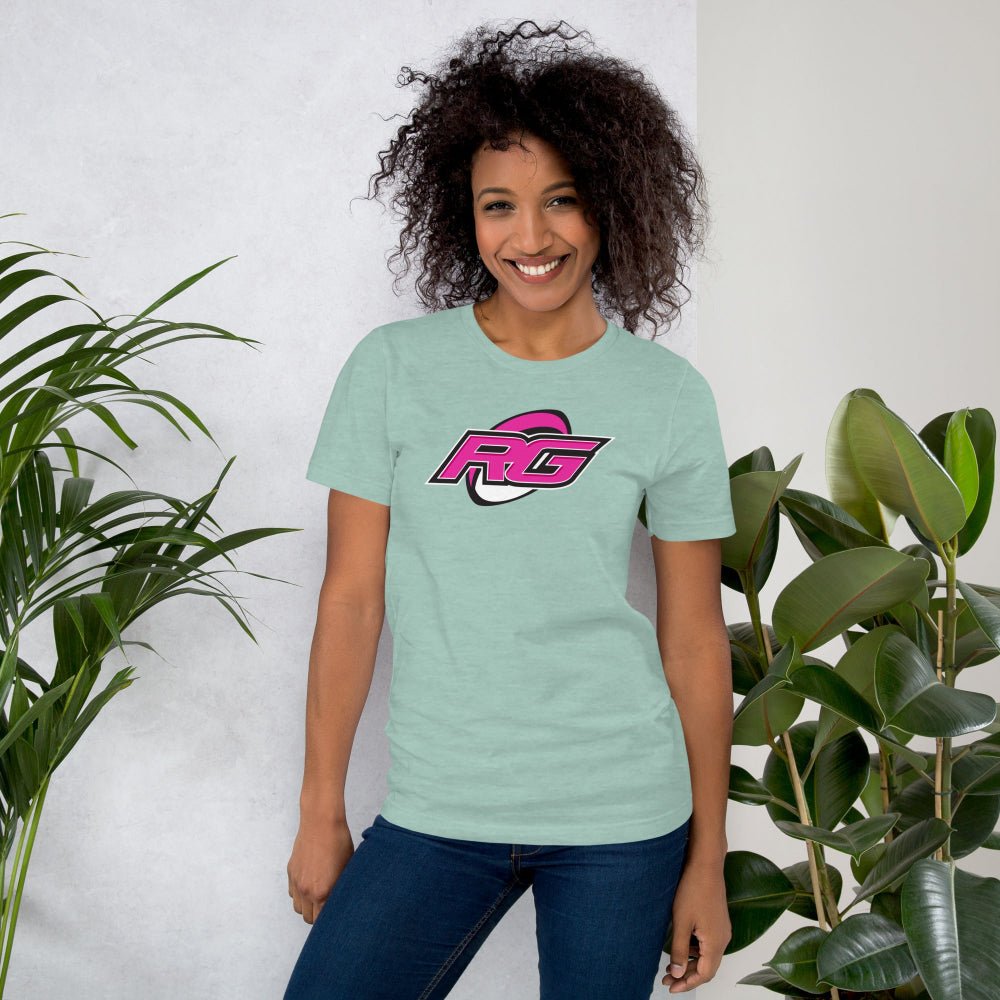 Heather green women's rugby t-shirt with bold pink RG logo, casual fit, rugby girl style. - Rugby Girl