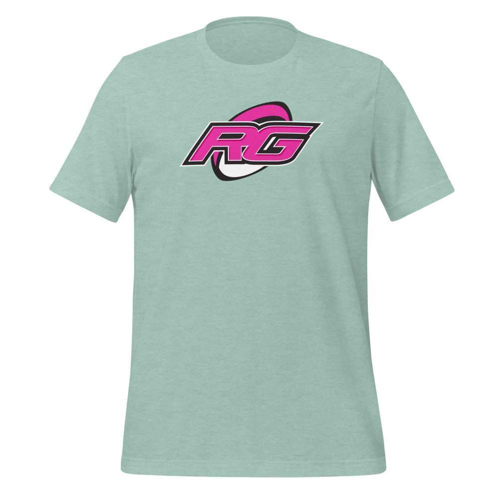 Heather green rugby t-shirt for women with bold pink and black RG logo, perfect rugby gift. - Rugby Girl