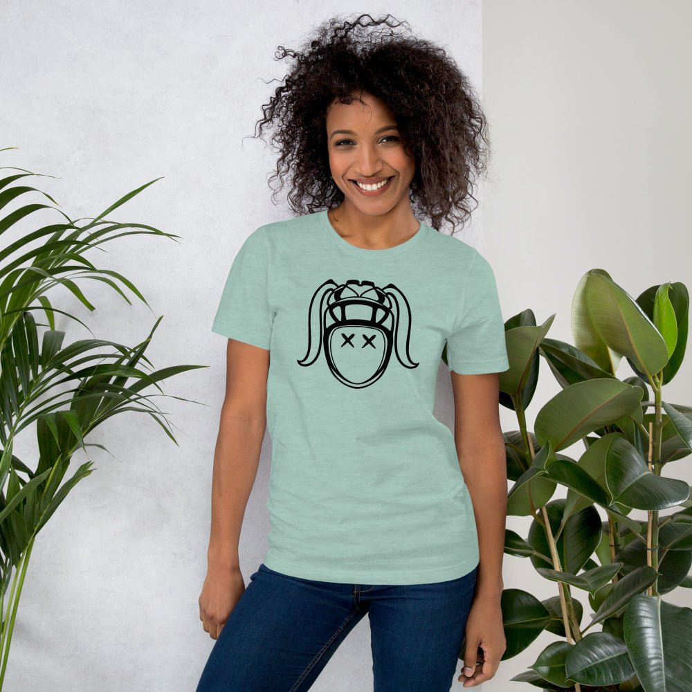 Heather green women's rugby t-shirt with bold black harlequin girl graphic, casual rugby apparel. - Rugby Girl