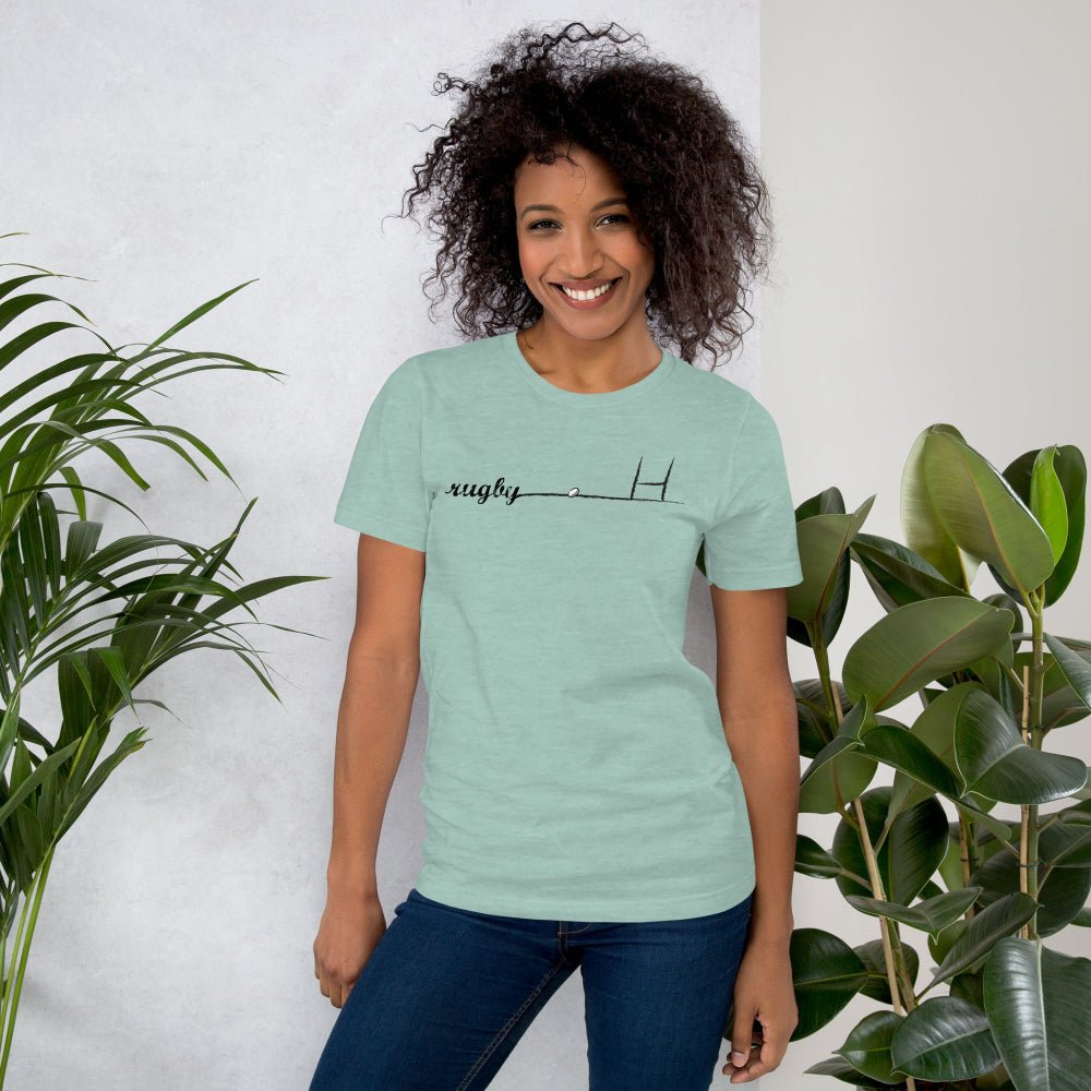 Heather green women's rugby t-shirt with "rugby" script and goalpost graphic, casual fit. - Rugby Girl