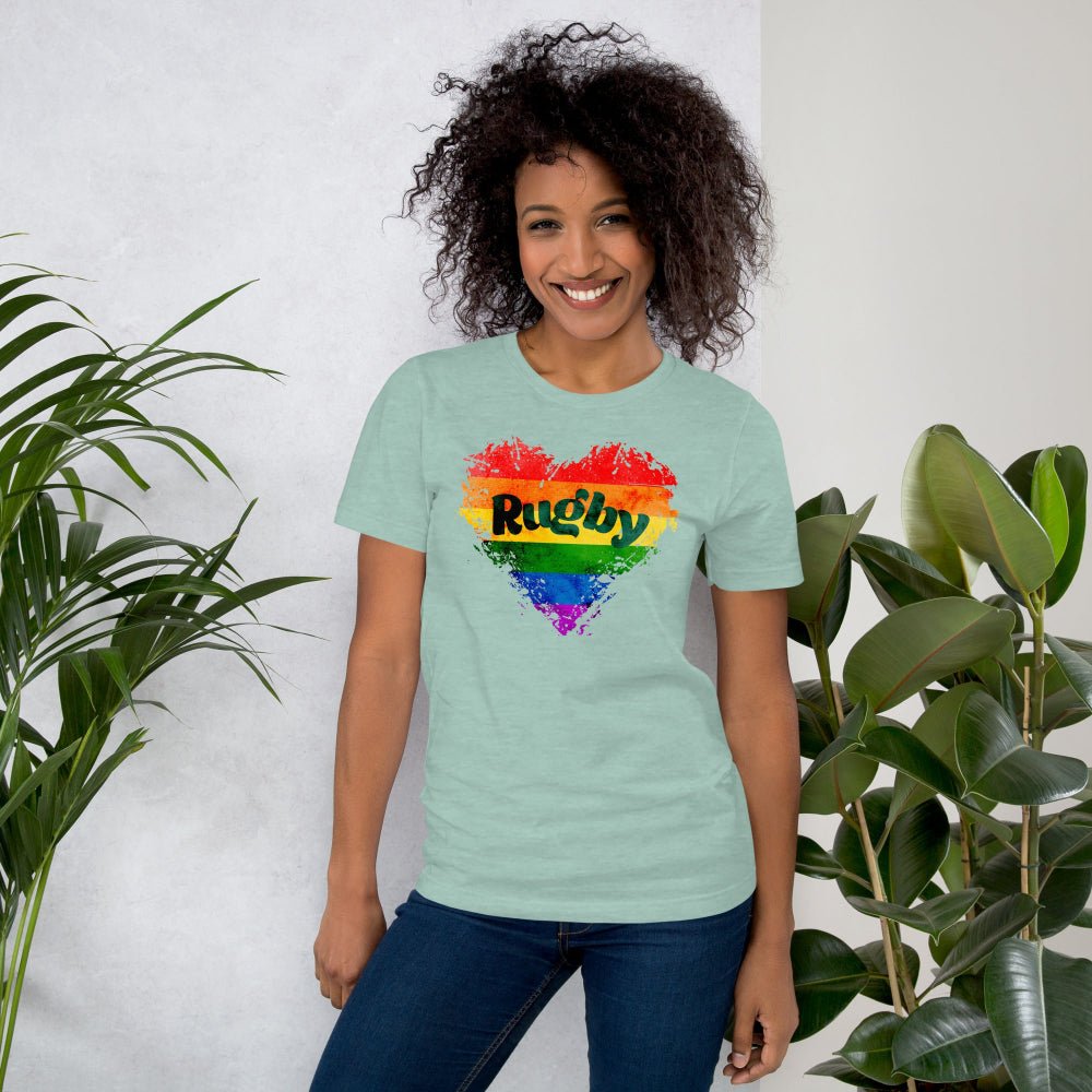 Heather green women's rugby t-shirt with rainbow heart and bold Rugby Girl Pride Love design. - Rugby Girl